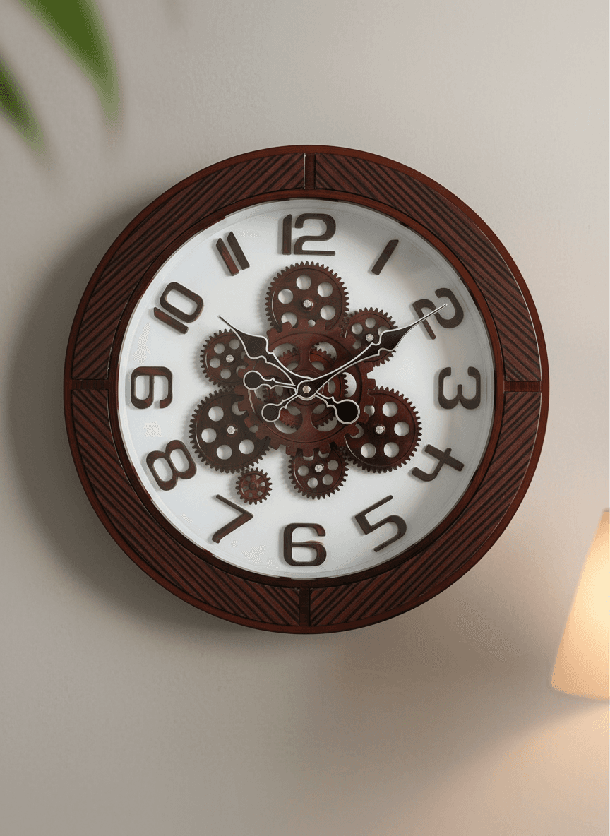 Modern Industrial Wall Clock With Decorative Gears & Wood Grain Frame styled in a room setting 3