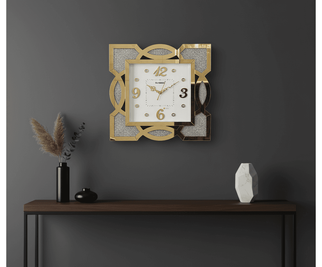 Gold Mirrored & Glitter Wall Clock Modern Decorative Analog Timepiece styled in a room setting 3