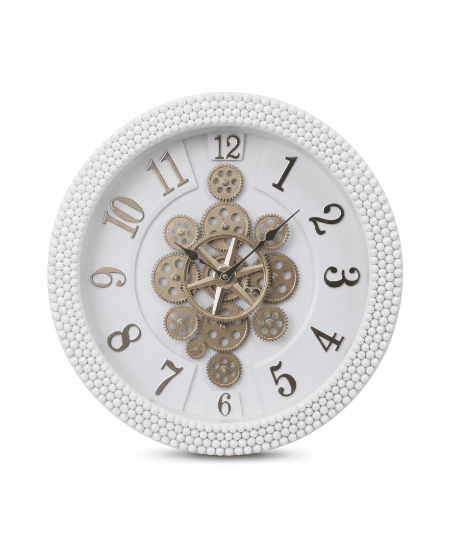 Ornate White Wall Clock With Visible Gears And Beaded Frame