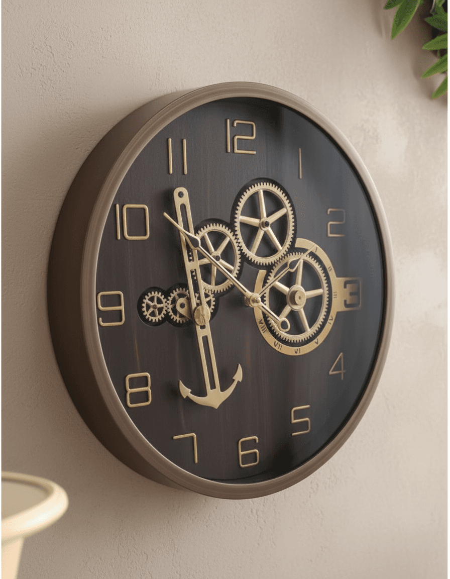 Industrial Gear Wall Clock With Anchor Design Bronze Frame styled in a room setting 2