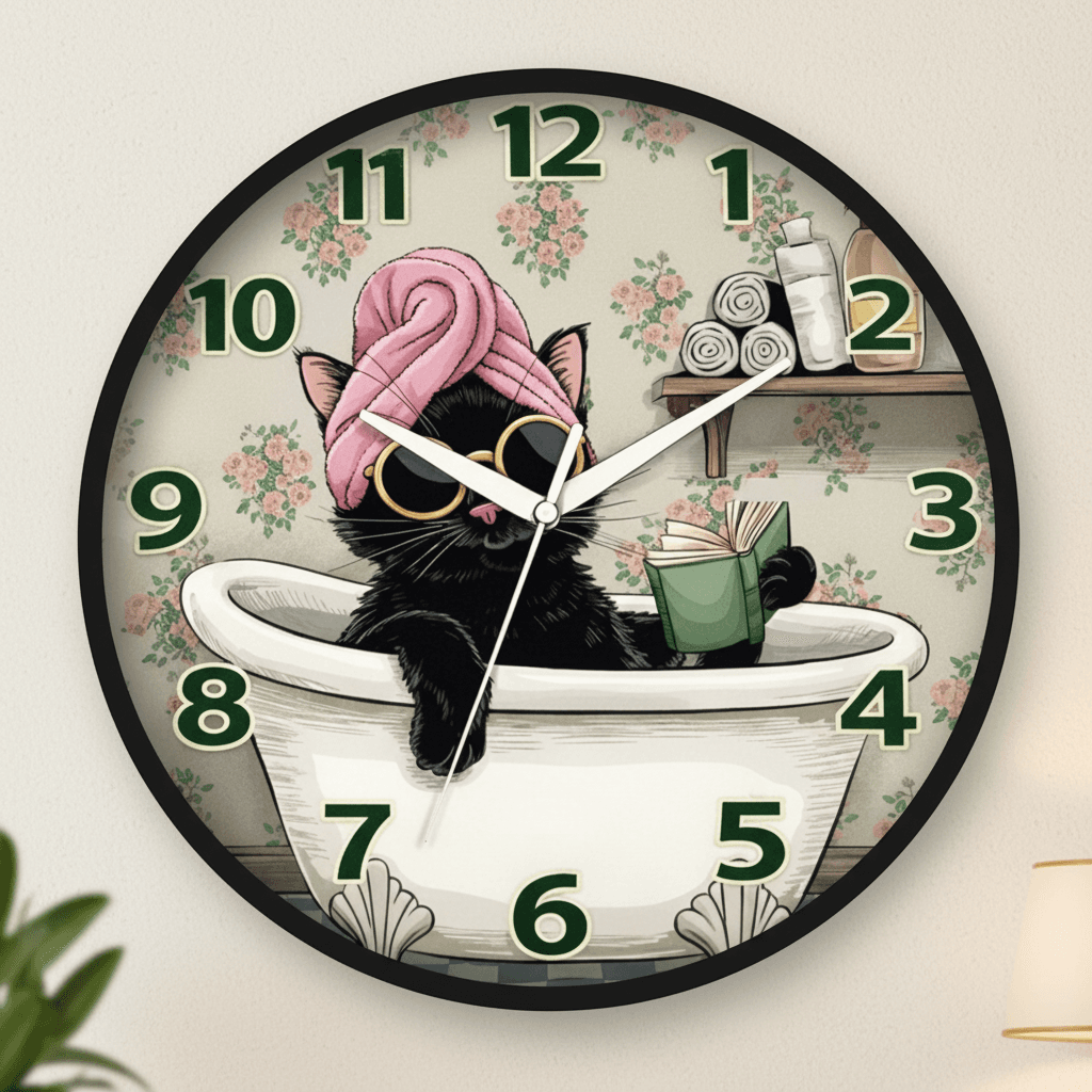 Whimsical Cat In Bathtub Floral Analog Wall Clock styled in a room setting 3