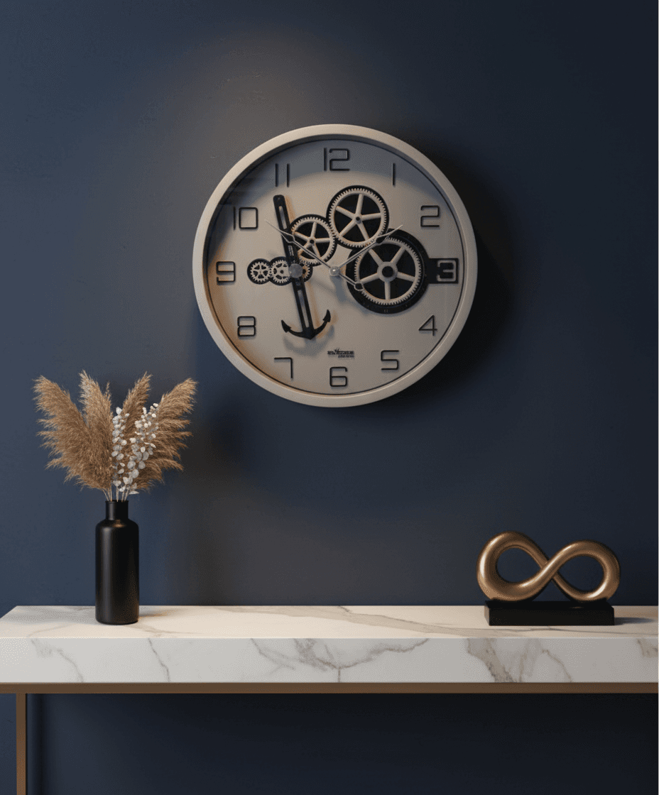 Industrial Gear Wall Clock With Anchor Design Bronze Frame styled in a room setting 5