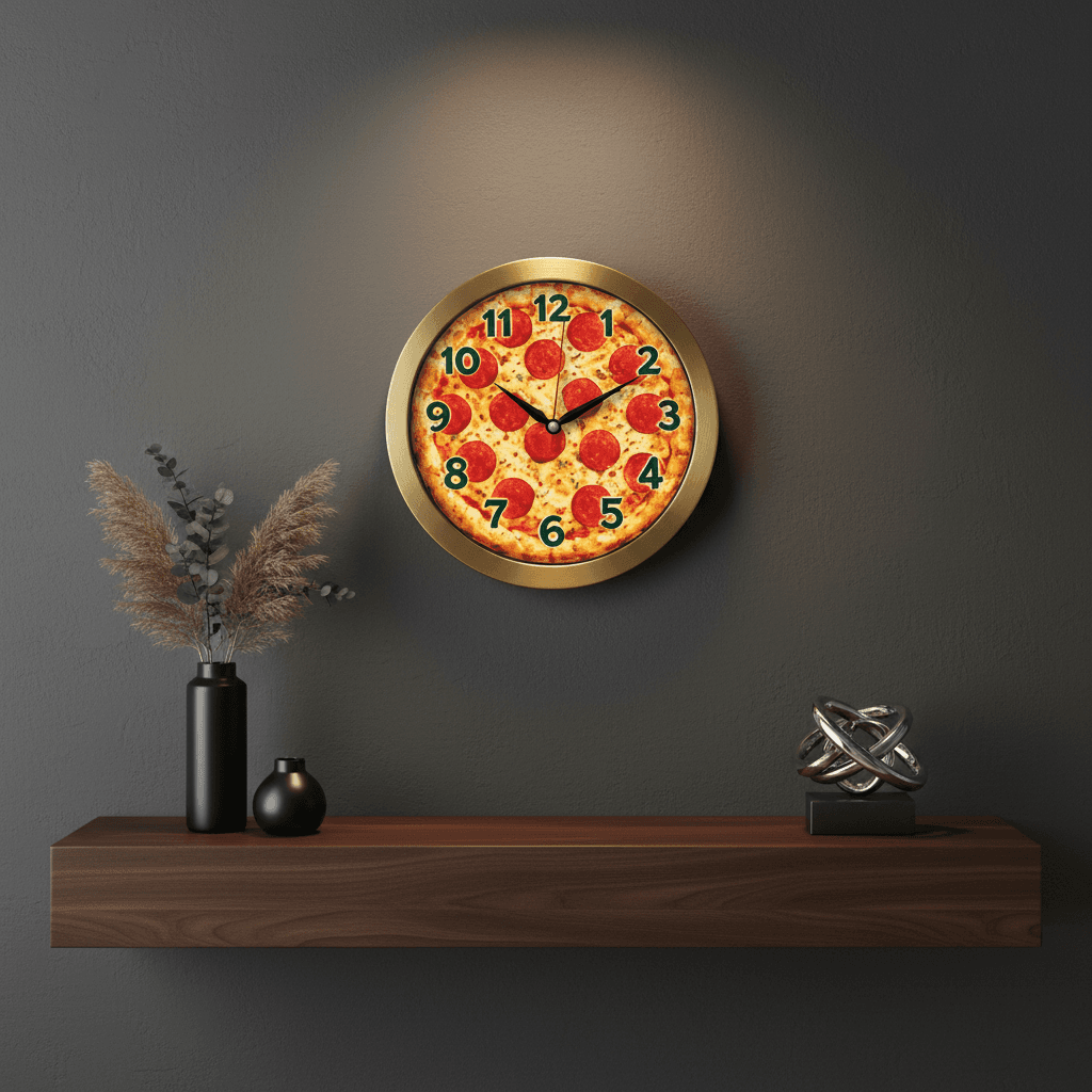 Pepperoni Pizza Novelty Analog Wall Clock styled in a room setting 2