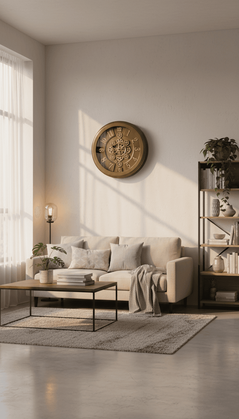 Modern Industrial Wall Clock With Exposed Gears, Brushed Silver Frame styled in a room setting 4
