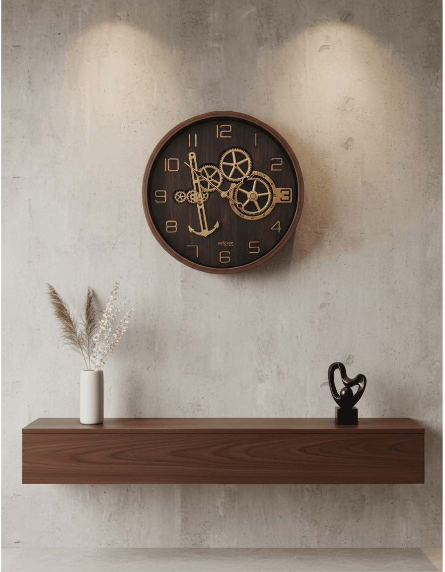 Industrial Gear Wall Clock With Anchor Design Bronze Frame styled in a room setting 1