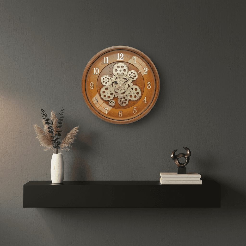 Matiz 16 Inch Industrial Steampunk Wall Clock With Exposed Gears styled in a room setting 2