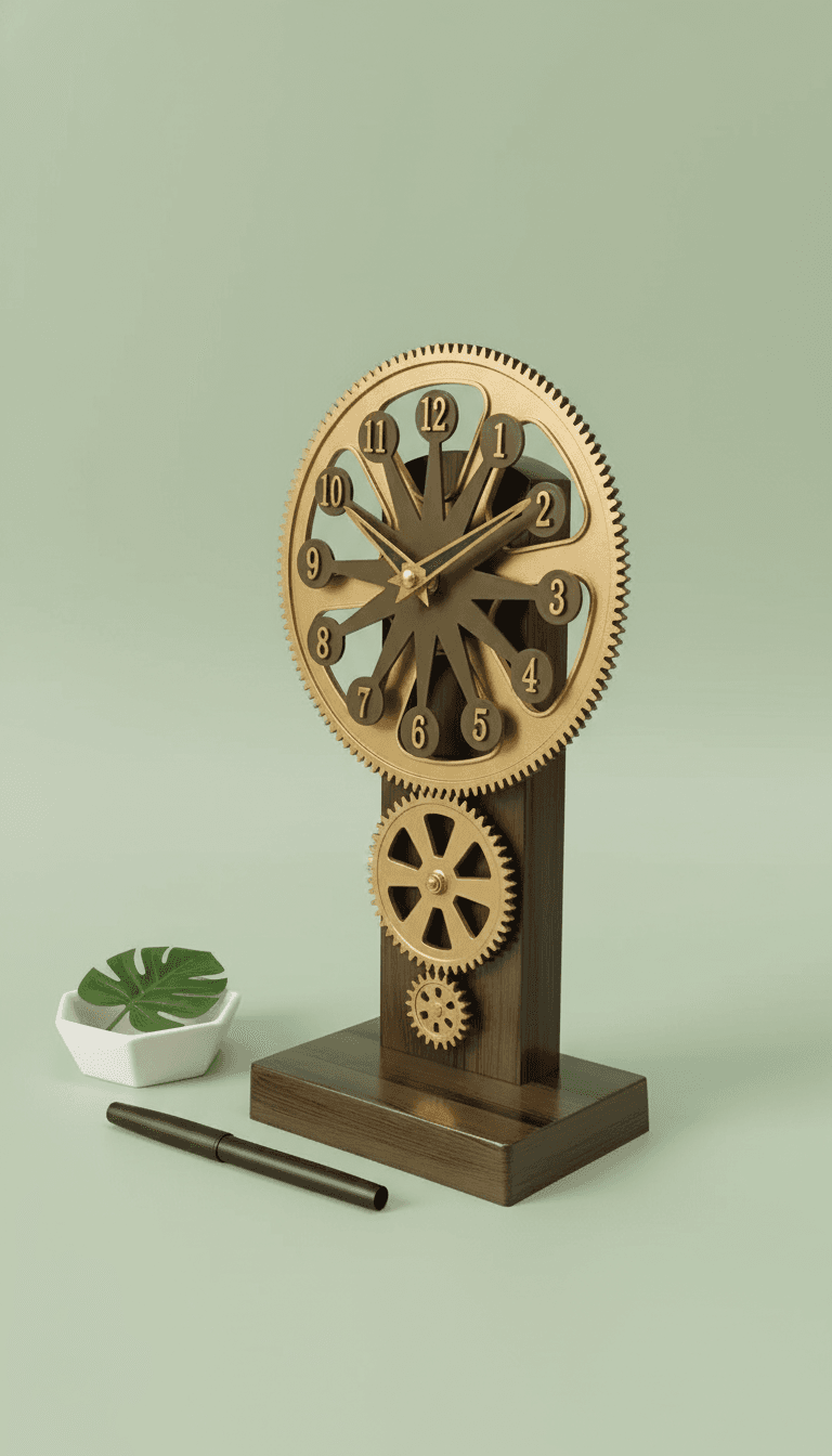 Steampunk Industrial Analog Desk Clock styled in a room setting 3