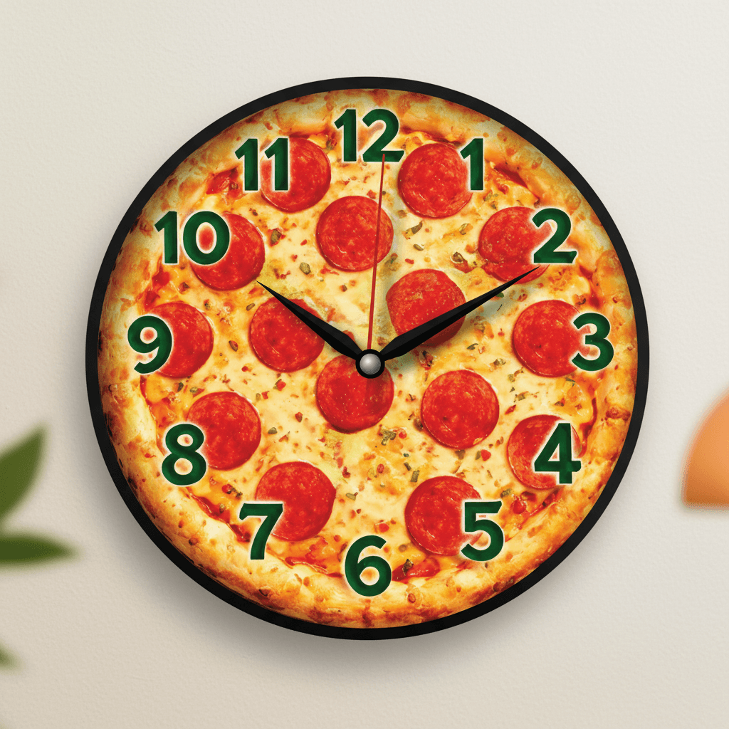 Pepperoni Pizza Novelty Analog Wall Clock styled in a room setting 3
