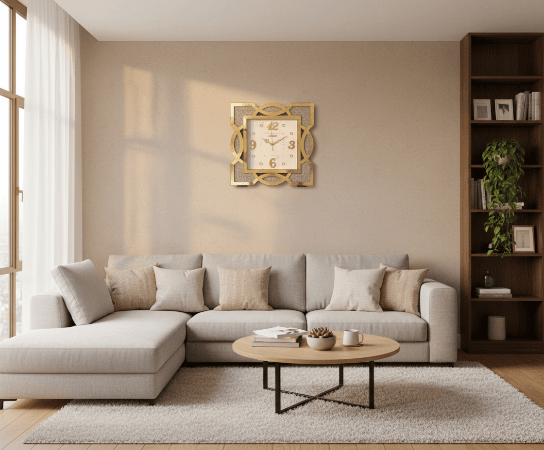 Gold Mirrored & Glitter Wall Clock Modern Decorative Analog Timepiece styled in a room setting 2