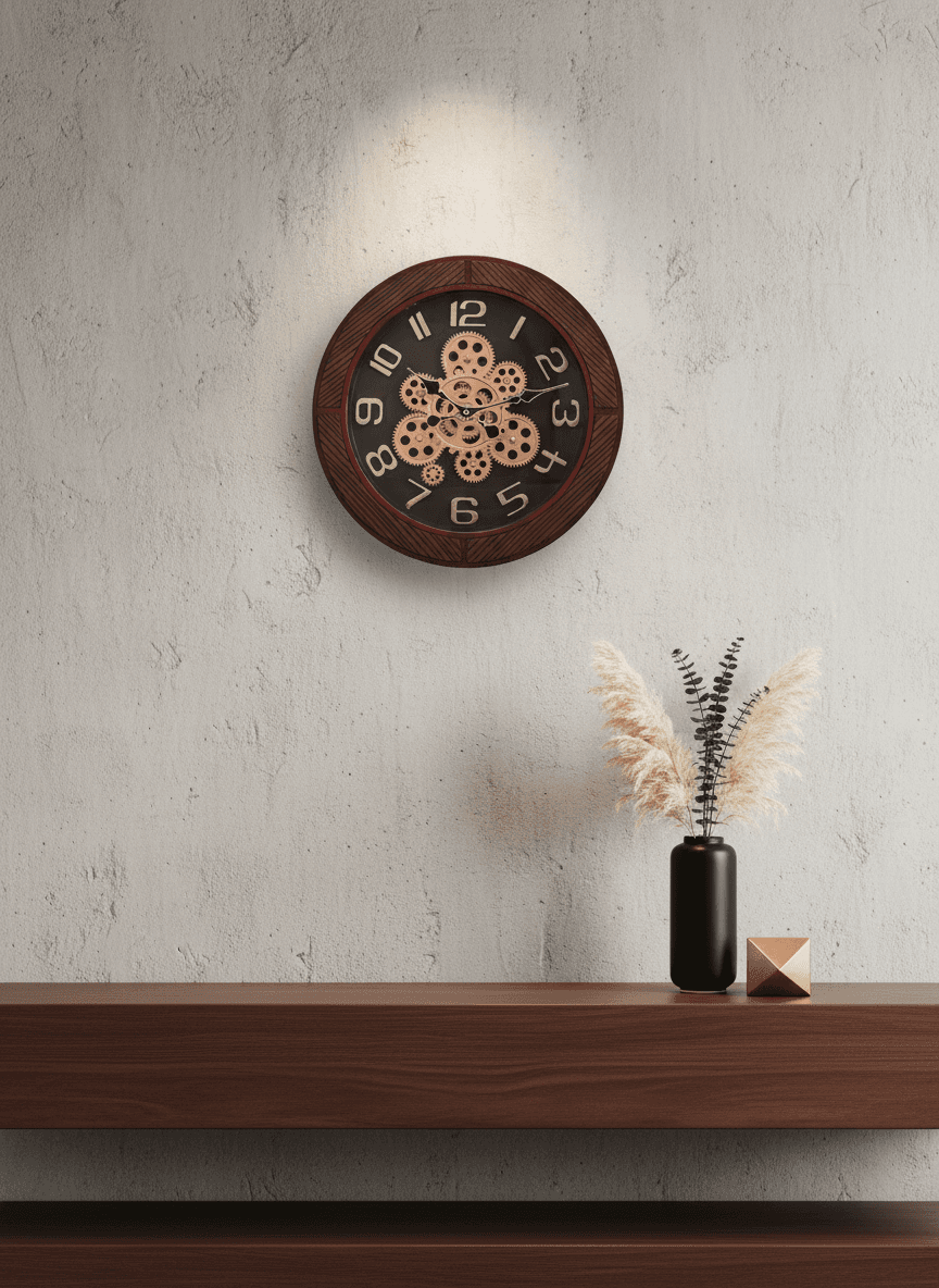Steampunk Industrial Wall Clock With Exposed Gears And Dark Wood Grain Frame styled in a room setting 2