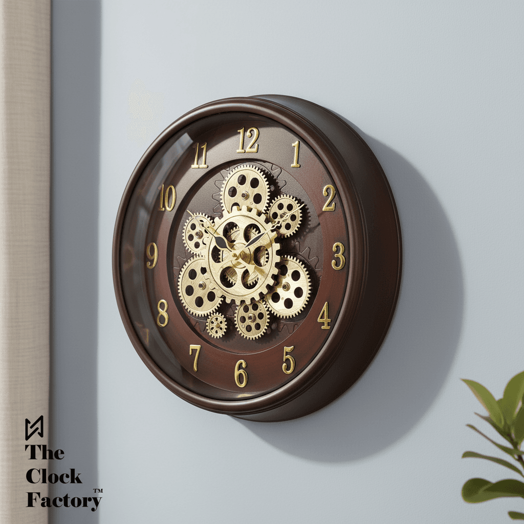 Matiz 16 Inch Industrial Steampunk Wall Clock With Exposed Gears styled in a room setting 4