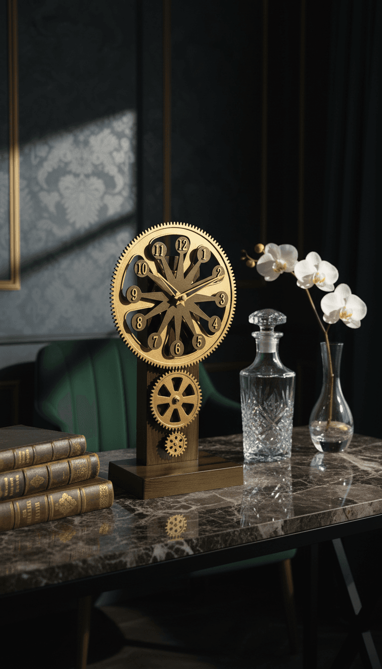 Steampunk Industrial Analog Desk Clock styled in a room setting 2