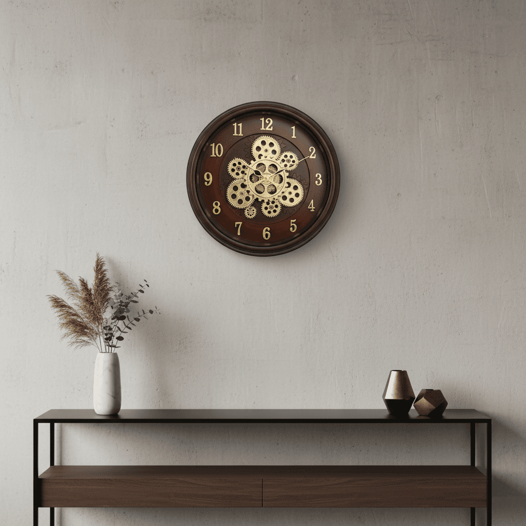 Matiz 16 Inch Industrial Steampunk Wall Clock With Exposed Gears styled in a room setting 5