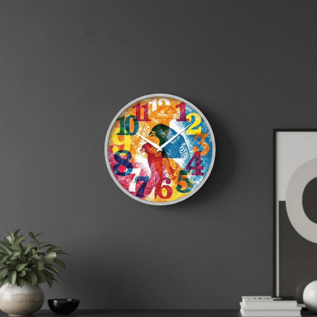 093 Colorful Abstract Bird Analog Wall Clock styled in a room setting 1