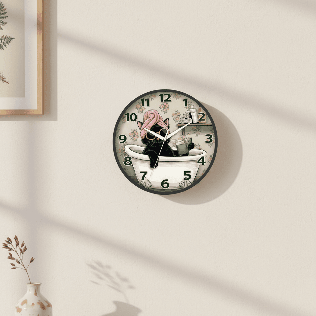 Whimsical Cat In Bathtub Floral Analog Wall Clock styled in a room setting 1