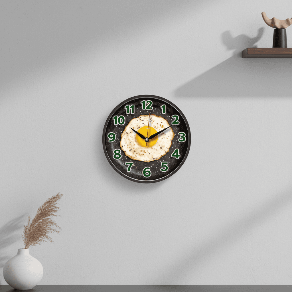 Fried Egg Kitchen Wall Clock styled in a room setting 1