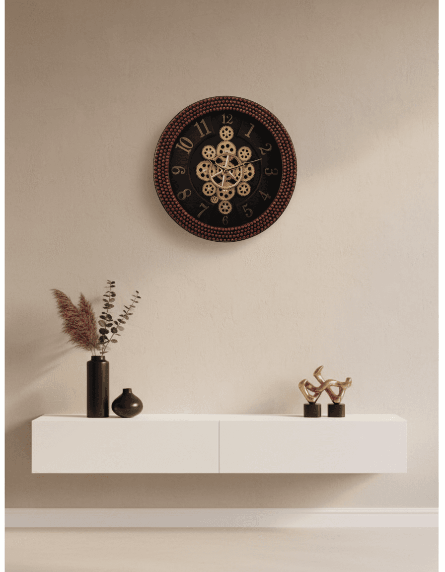 Ornate White Wall Clock With Visible Gears And Beaded Frame styled in a room setting 5