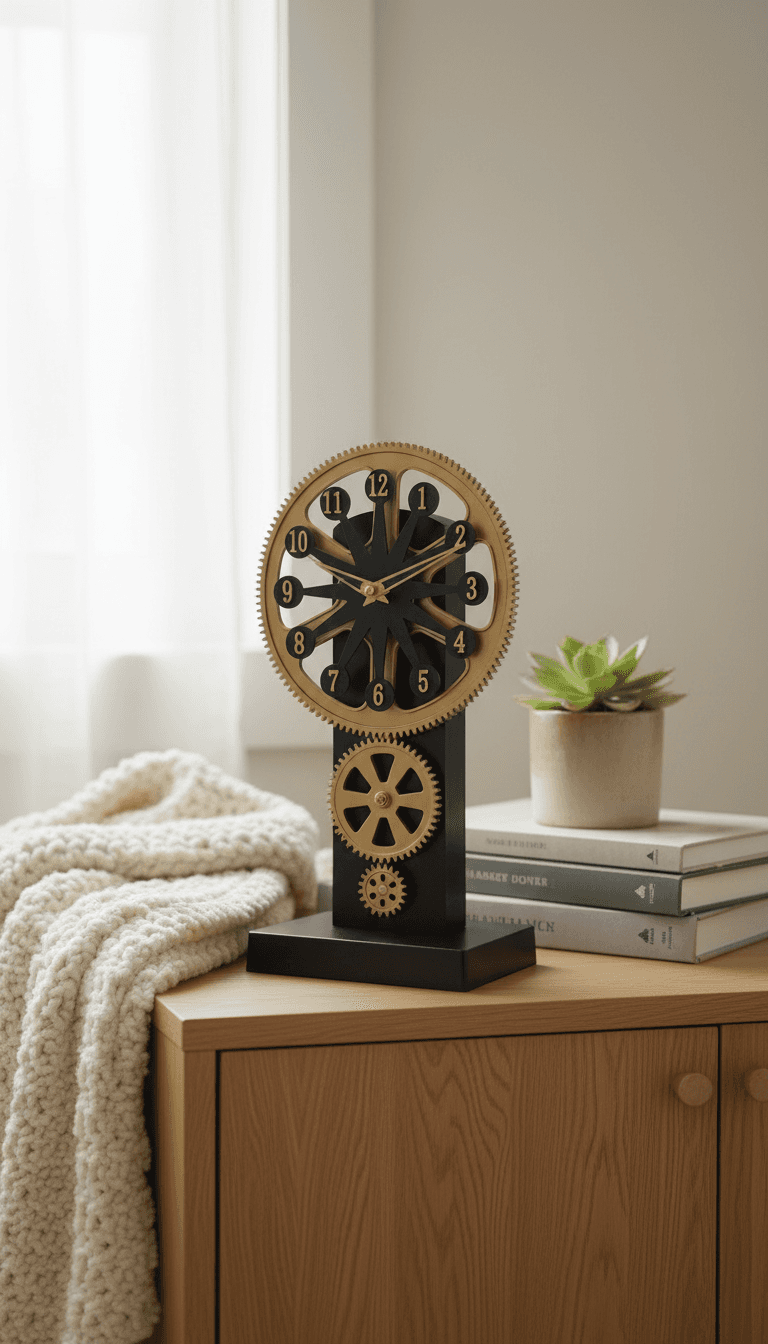 Steampunk Industrial Analog Desk Clock styled in a room setting 4