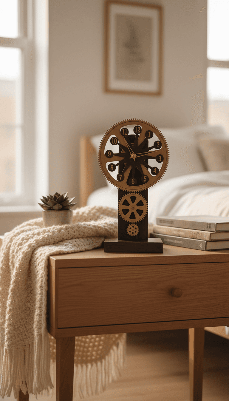 Steampunk Industrial Analog Desk Clock styled in a room setting 1