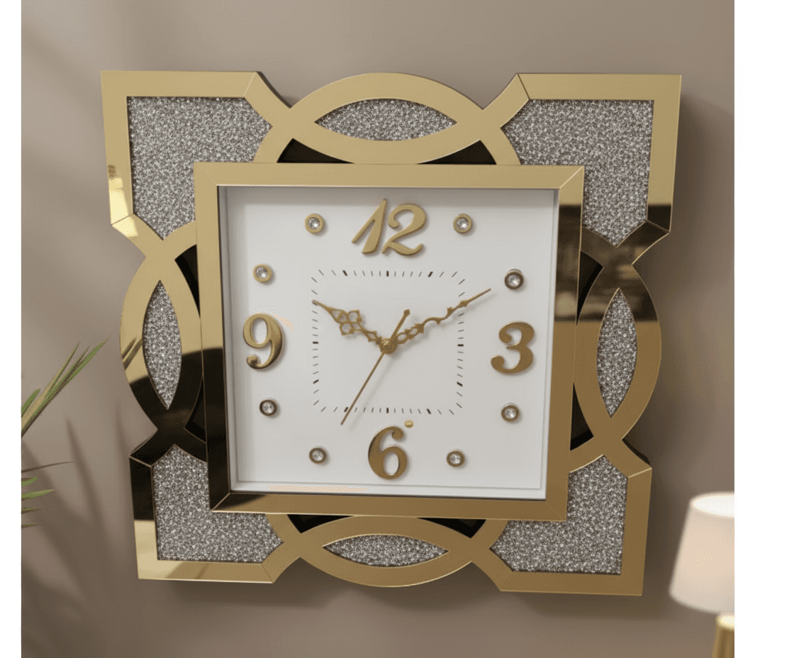 Gold Mirrored & Glitter Wall Clock Modern Decorative Analog Timepiece styled in a room setting 4
