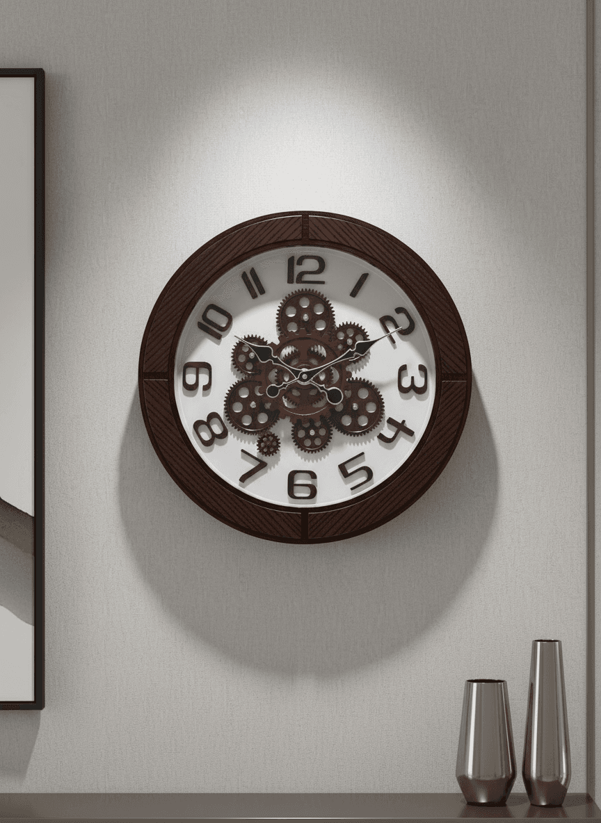 Modern Industrial Wall Clock With Decorative Gears & Wood Grain Frame styled in a room setting 1