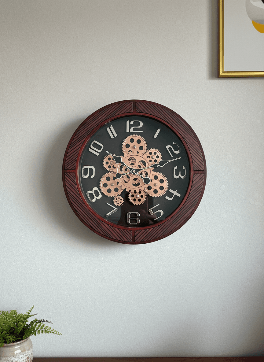Steampunk Industrial Wall Clock With Exposed Gears And Dark Wood Grain Frame styled in a room setting 1