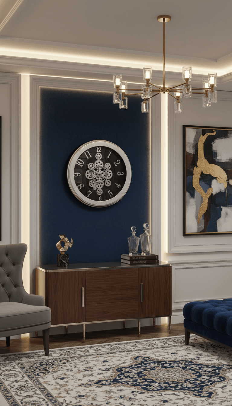 Modern Industrial Wall Clock With Exposed Gears, Brushed Silver Frame styled in a room setting 2