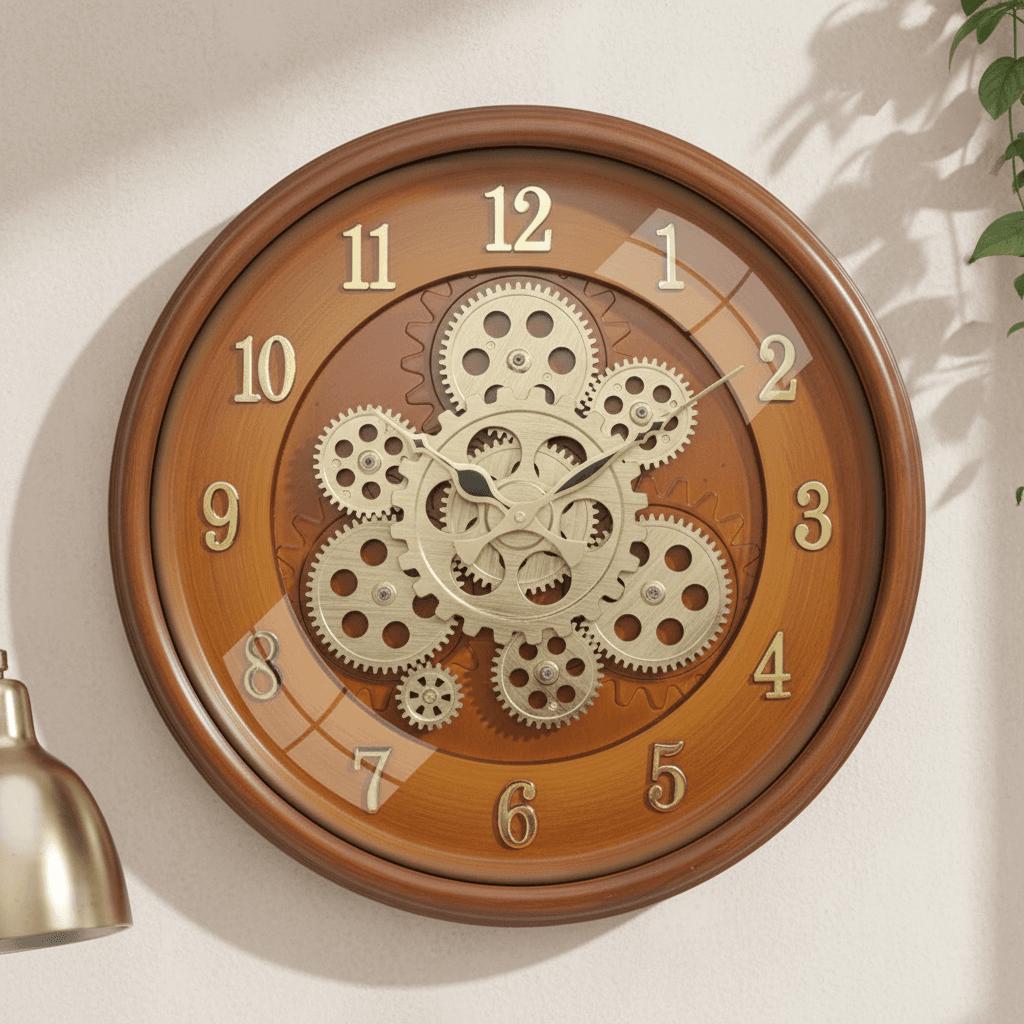 Matiz 16 Inch Industrial Steampunk Wall Clock With Exposed Gears styled in a room setting 3