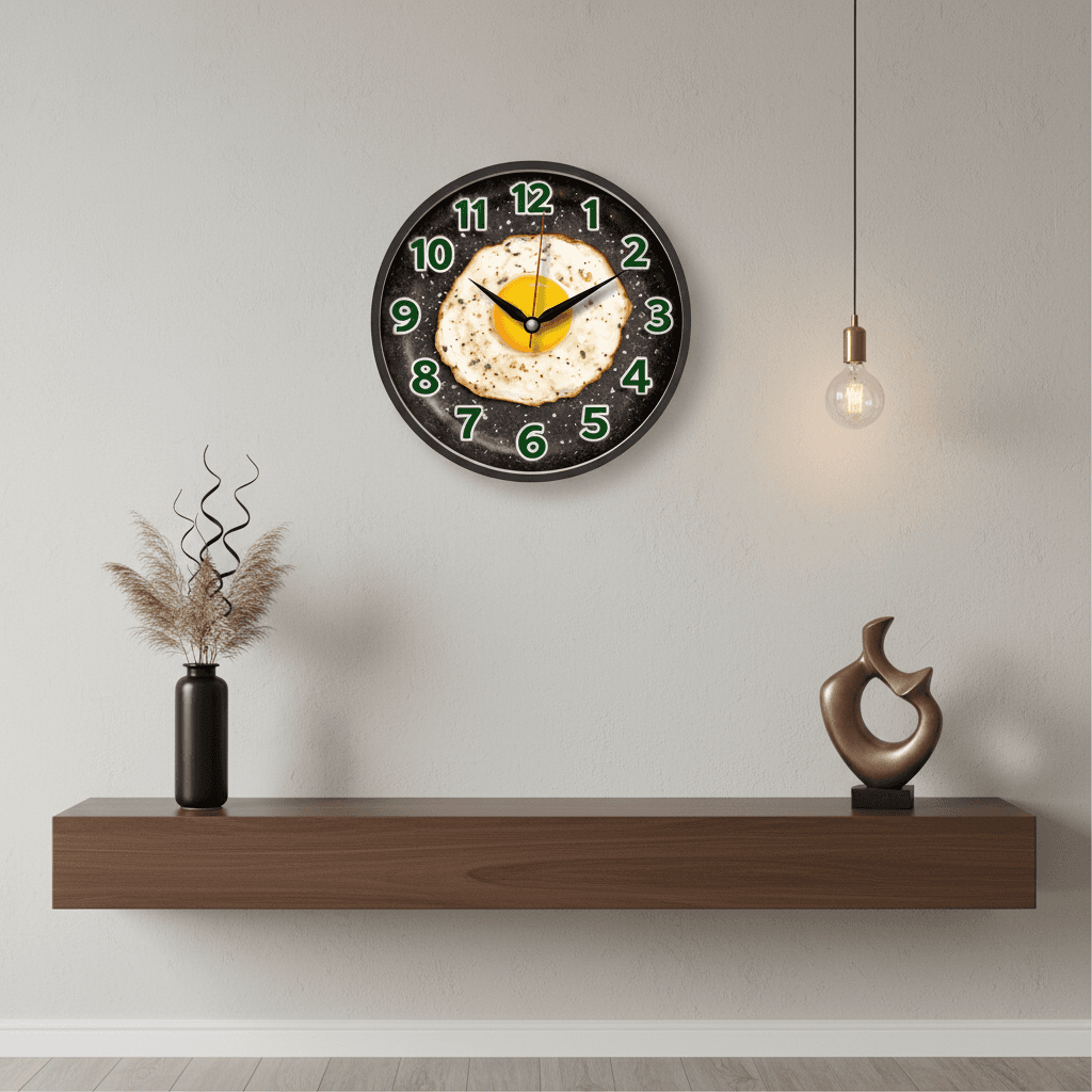 Fried Egg Kitchen Wall Clock styled in a room setting 2