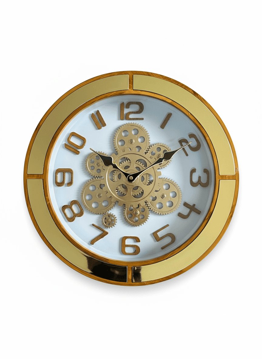 Wall Clock With Visible Gears, Gold Accents & Wood Grain Finish