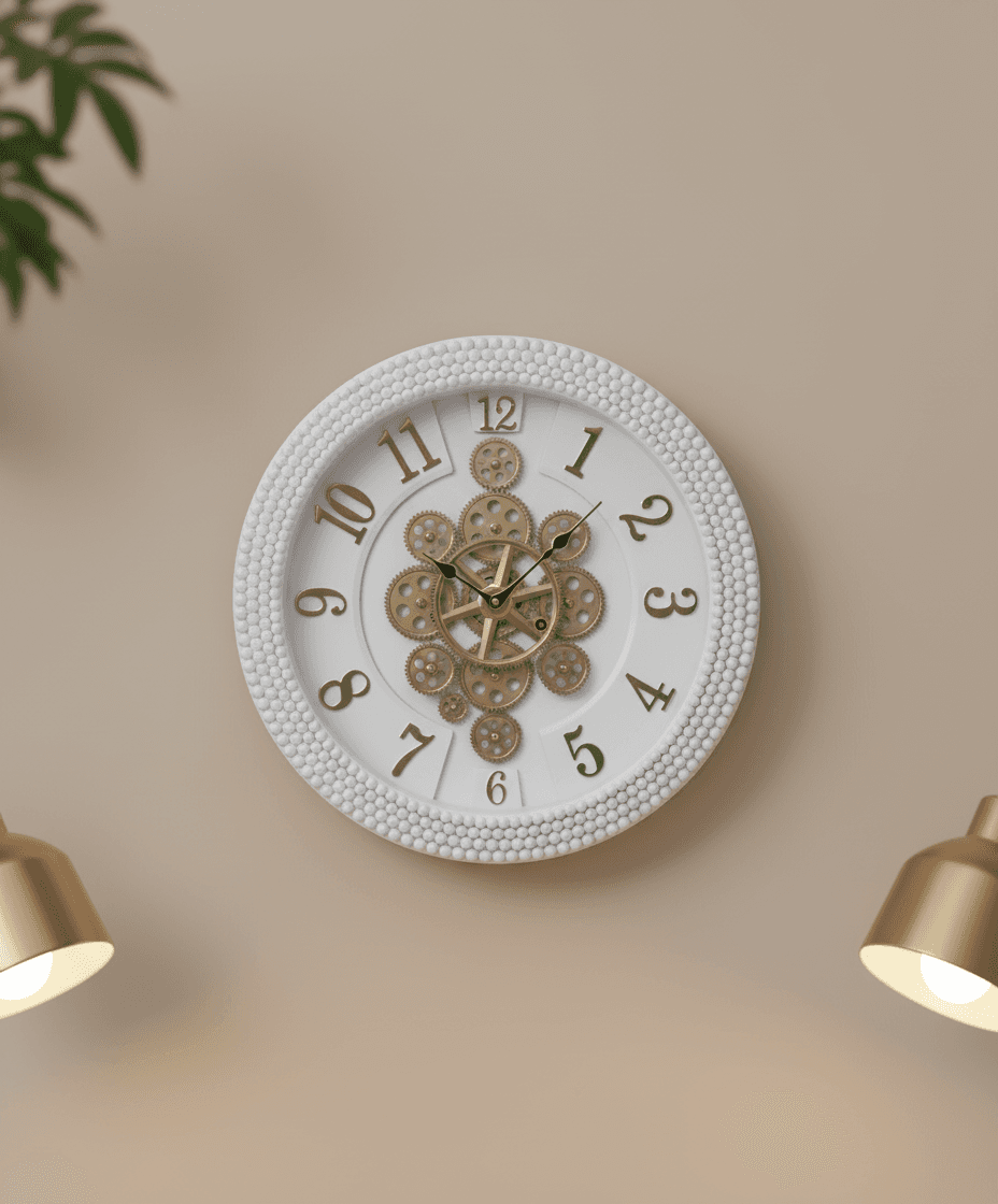 Ornate White Wall Clock With Visible Gears And Beaded Frame styled in a room setting 3