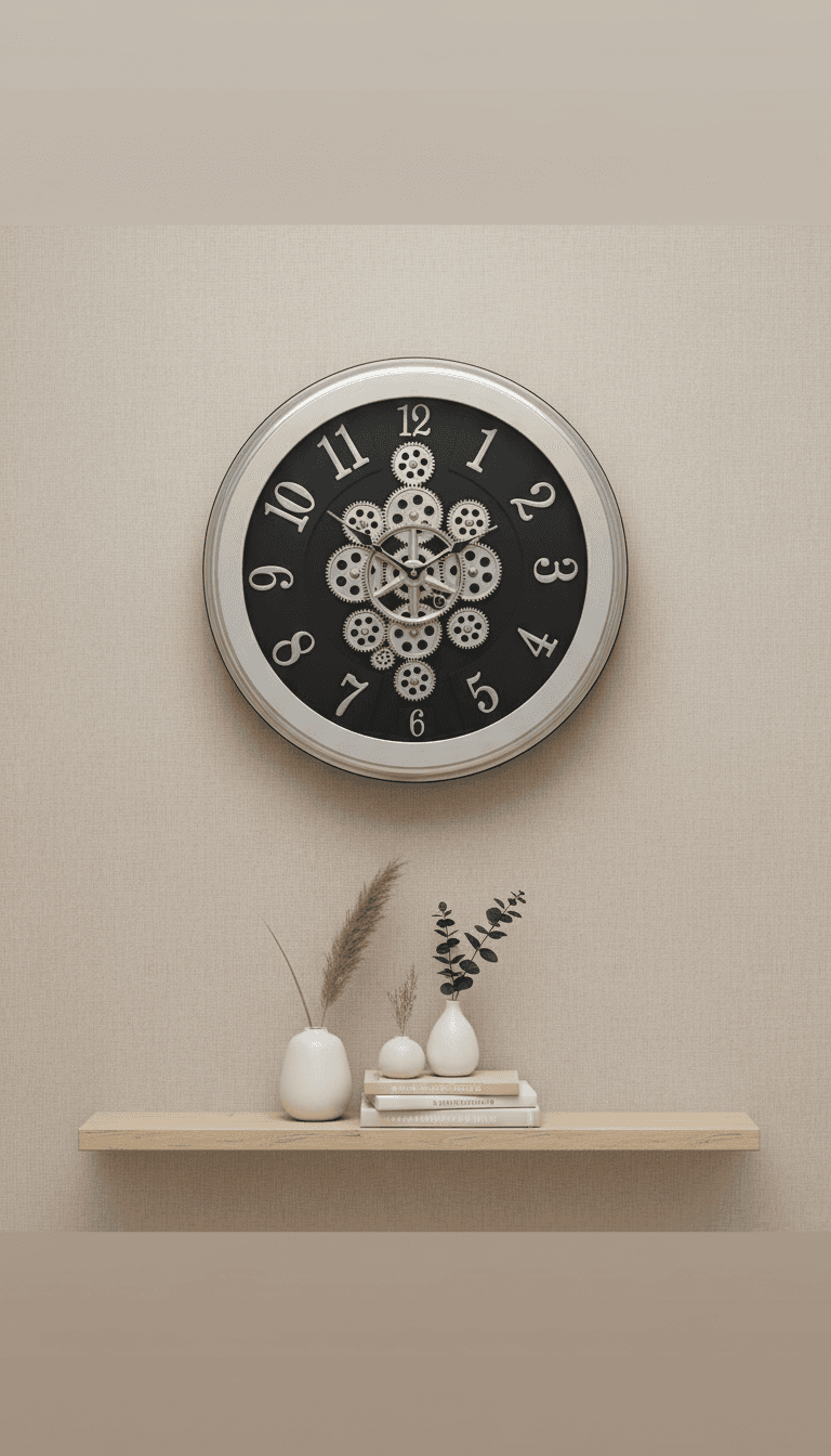 Modern Industrial Wall Clock With Exposed Gears, Brushed Silver Frame styled in a room setting 3