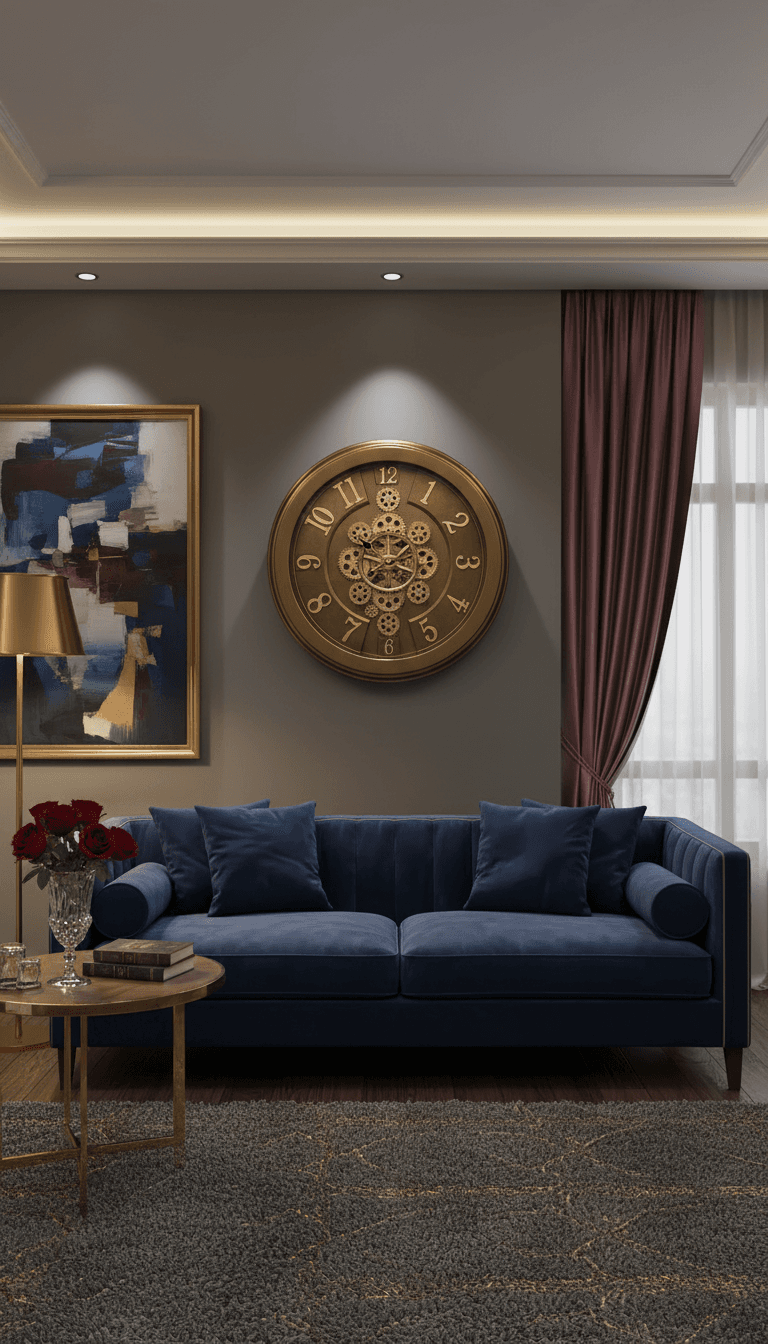 Modern Industrial Wall Clock With Exposed Gears, Brushed Silver Frame styled in a room setting 5