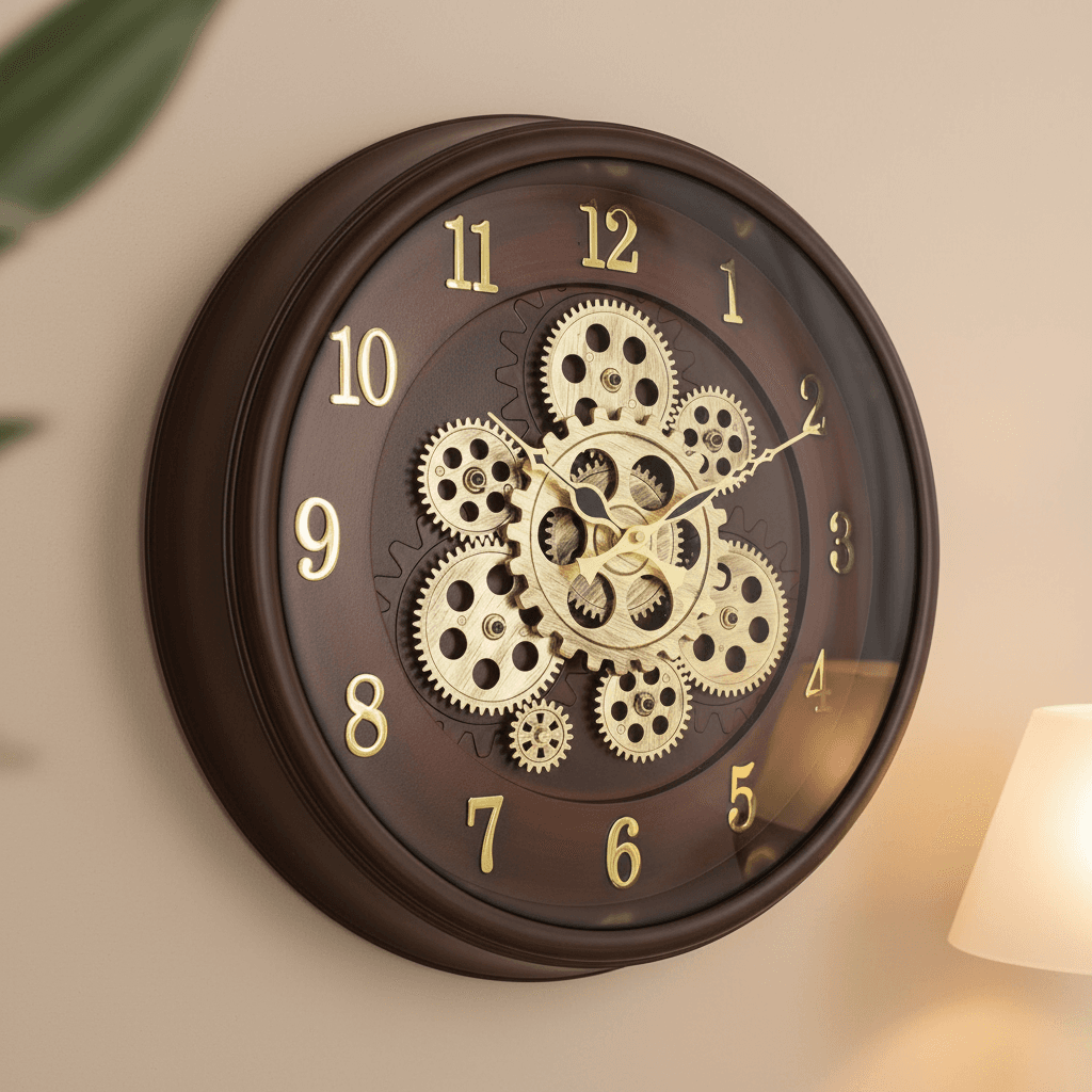 Matiz Vintage Industrial Wall Clock With Exposed Gears styled in a room setting 3