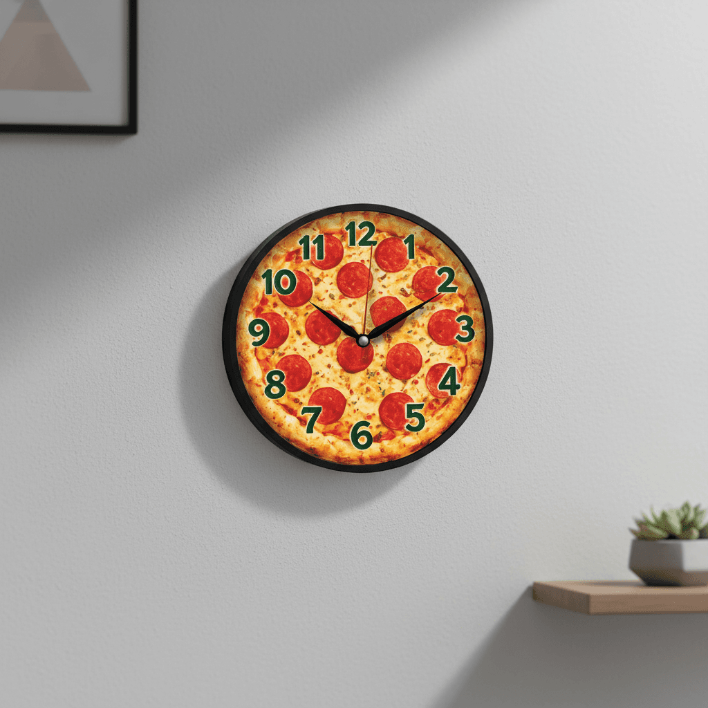 Pepperoni Pizza Novelty Analog Wall Clock styled in a room setting 1