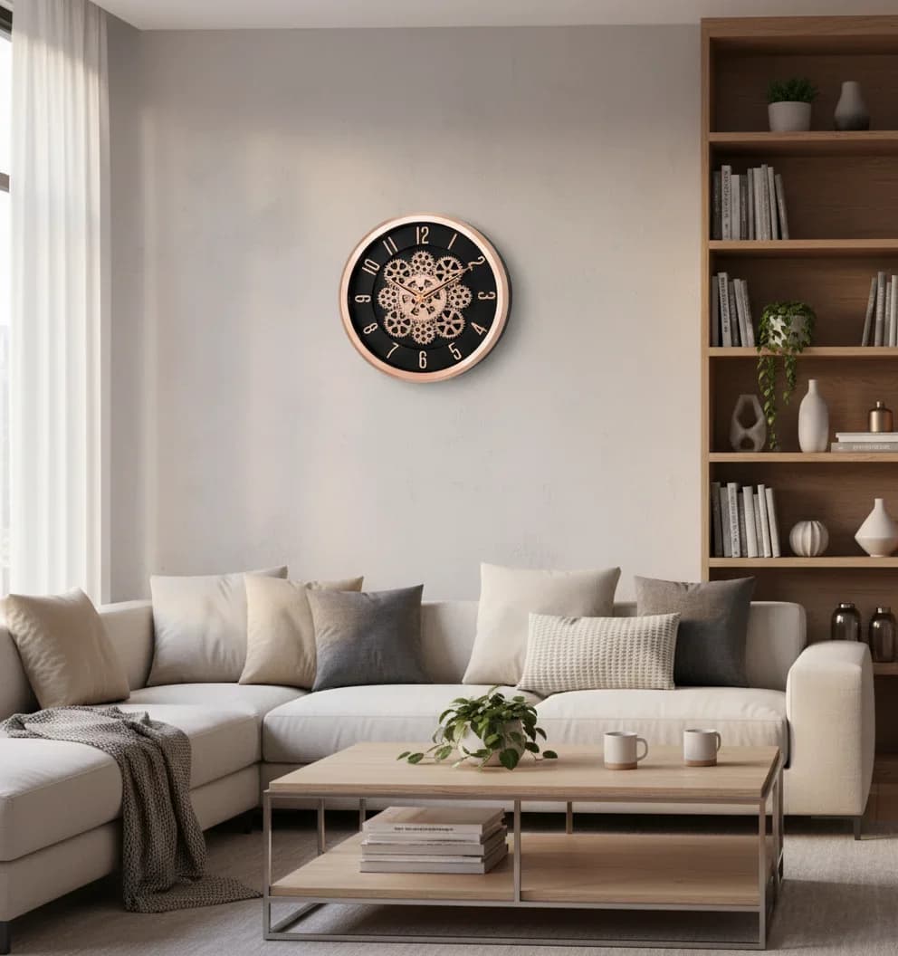 Industrial Chic Rose Gold Gear Wall Clock By Capital styled in a room setting 1