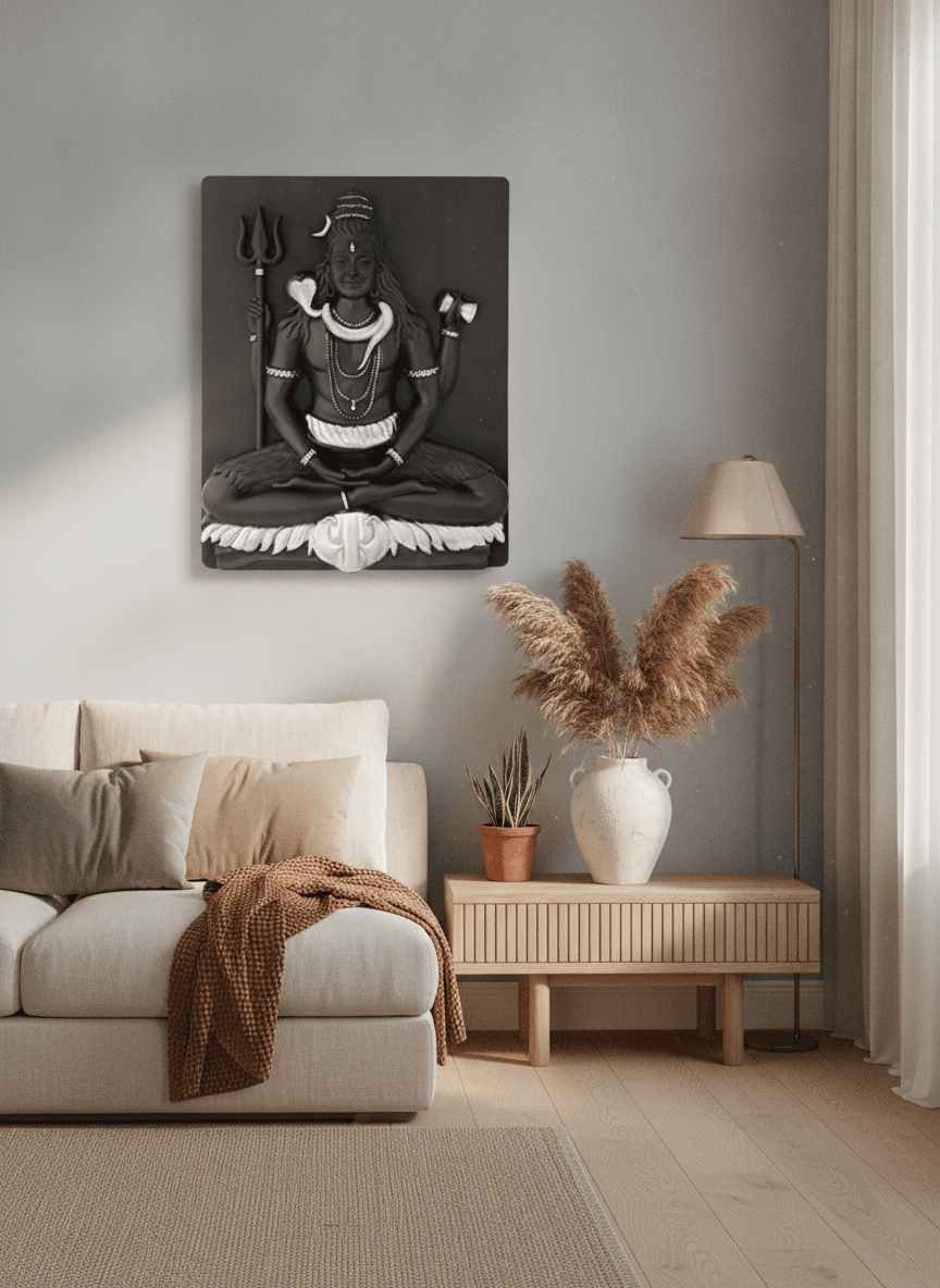Shiv Ji Black & Silver Wall Sculpture styled in a room setting 3