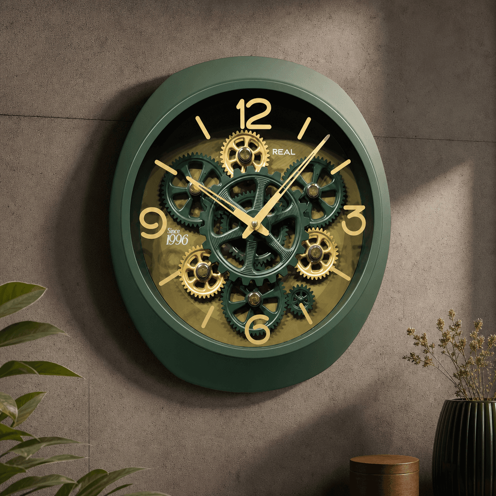 Rg 06 Green Wall Clock With Exposed Gears, 14x12 Inch styled in a room setting 2