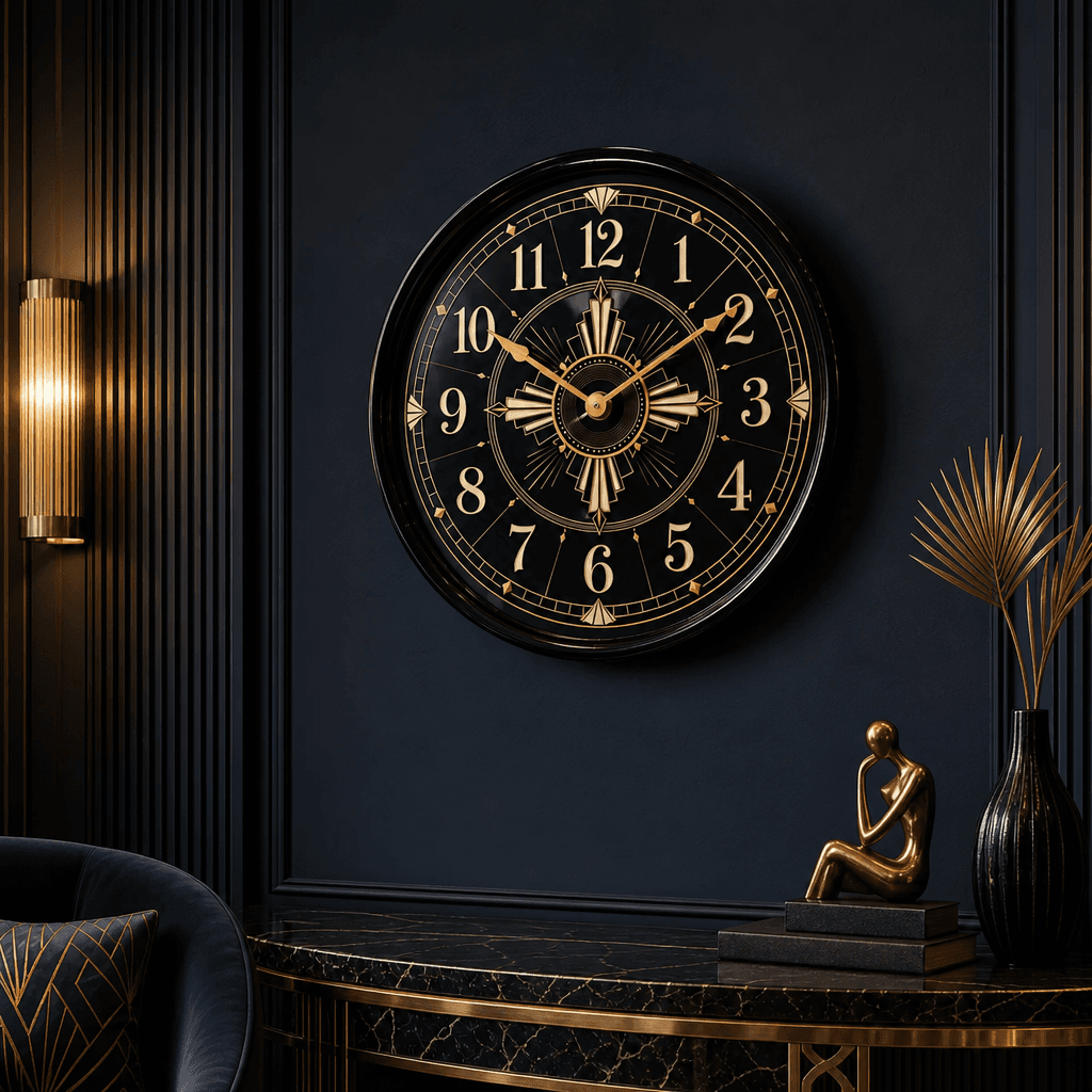 The Clock Factory 031 Tribal Art Deco Black & Gold Wall Clock styled in a room setting 2