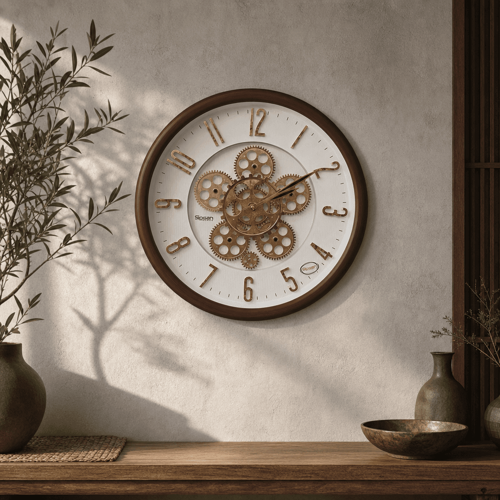 Slogan 16-inch Brown Wood Finish Exposed Gear Wall Clock styled in a room setting 3