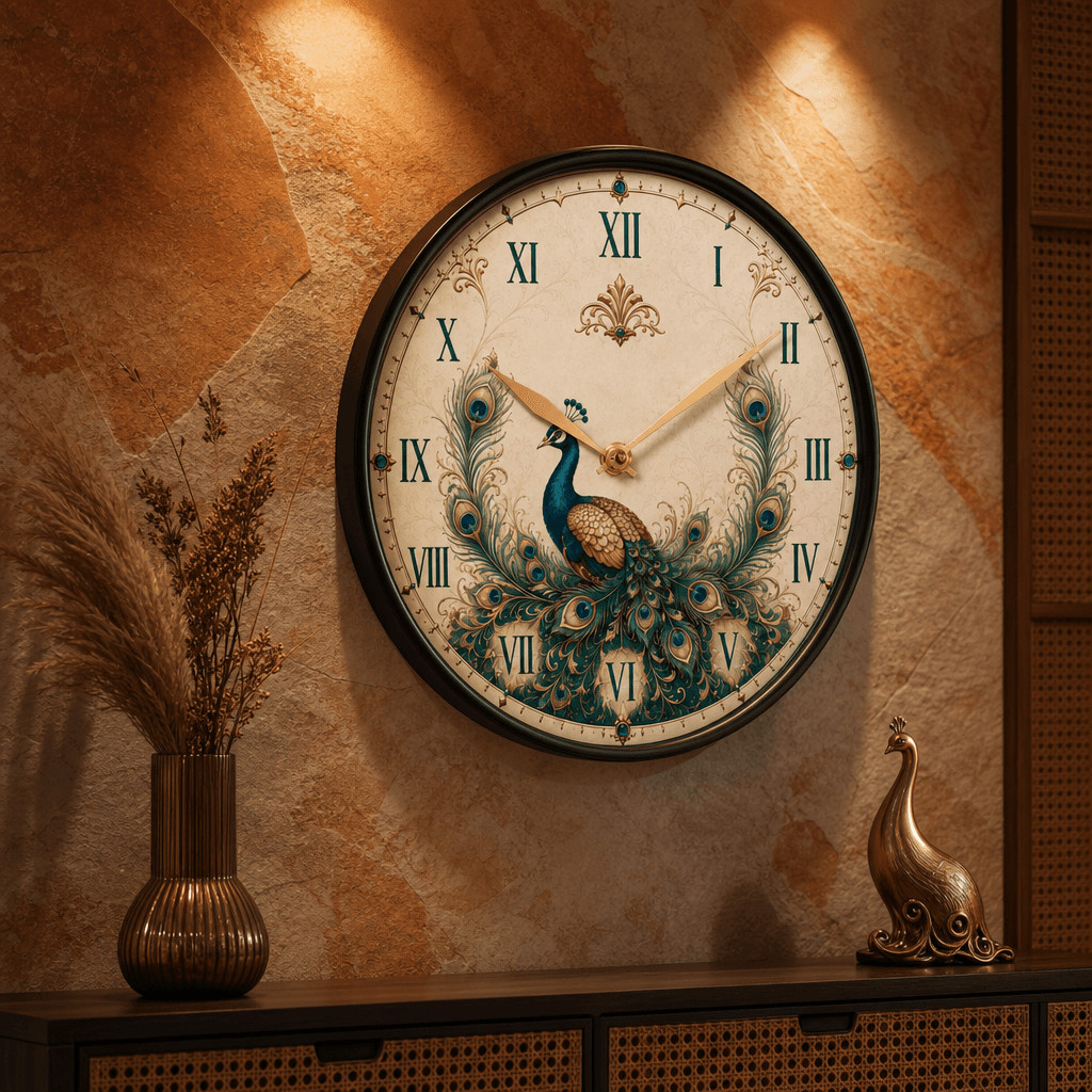 The Clock Factory Peacock Elegance Wall Clock styled in a room setting 1