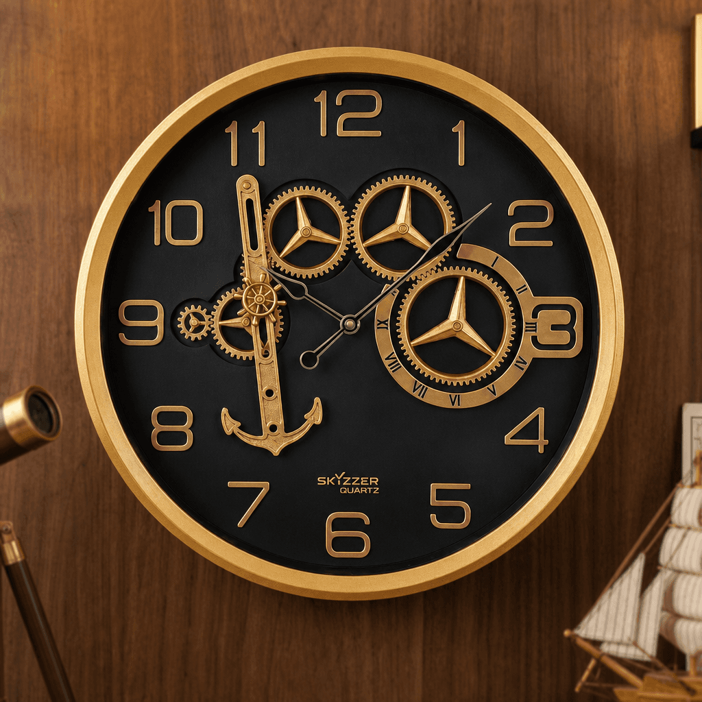 Industrial Nautical Wall Clock With Gold Gears And Anchor on wall color