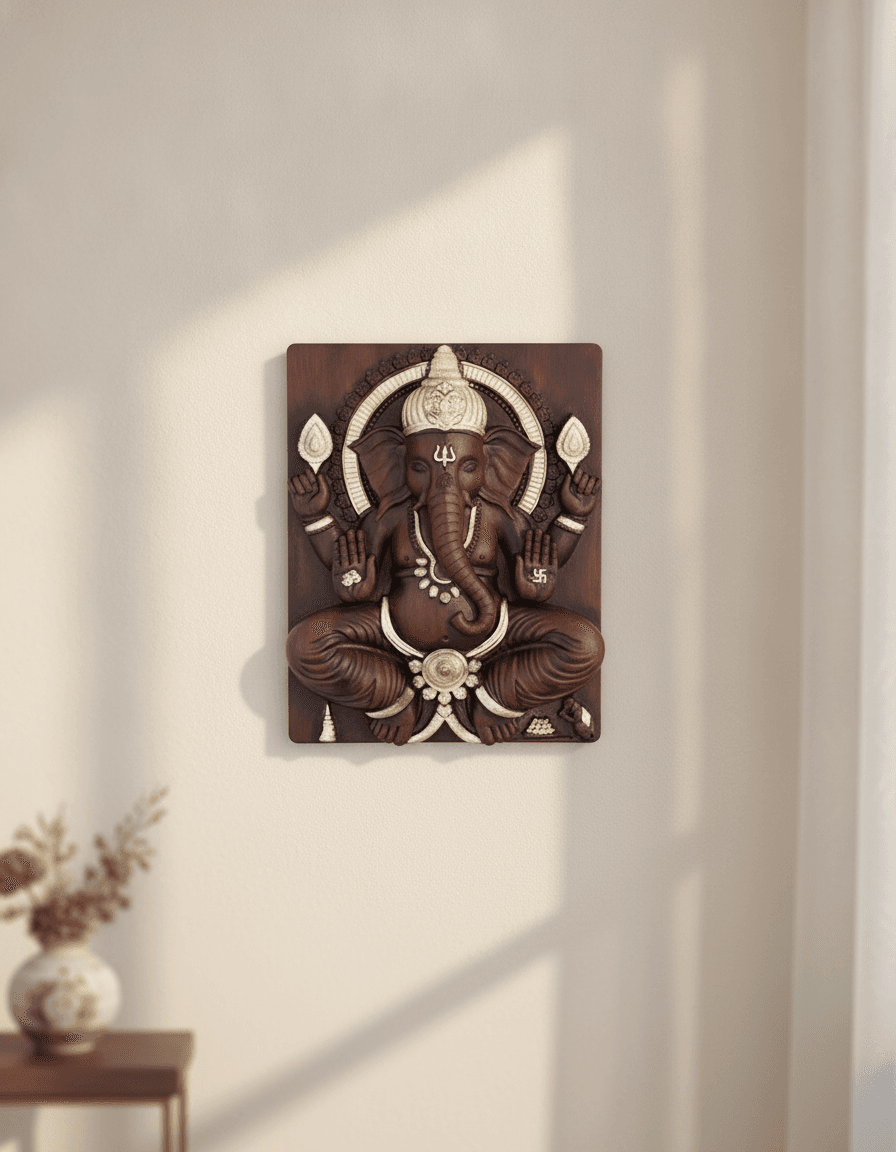 Ganesh Ji Wall Art Brown With Silver Accents - Premium Wall Art 22 inch