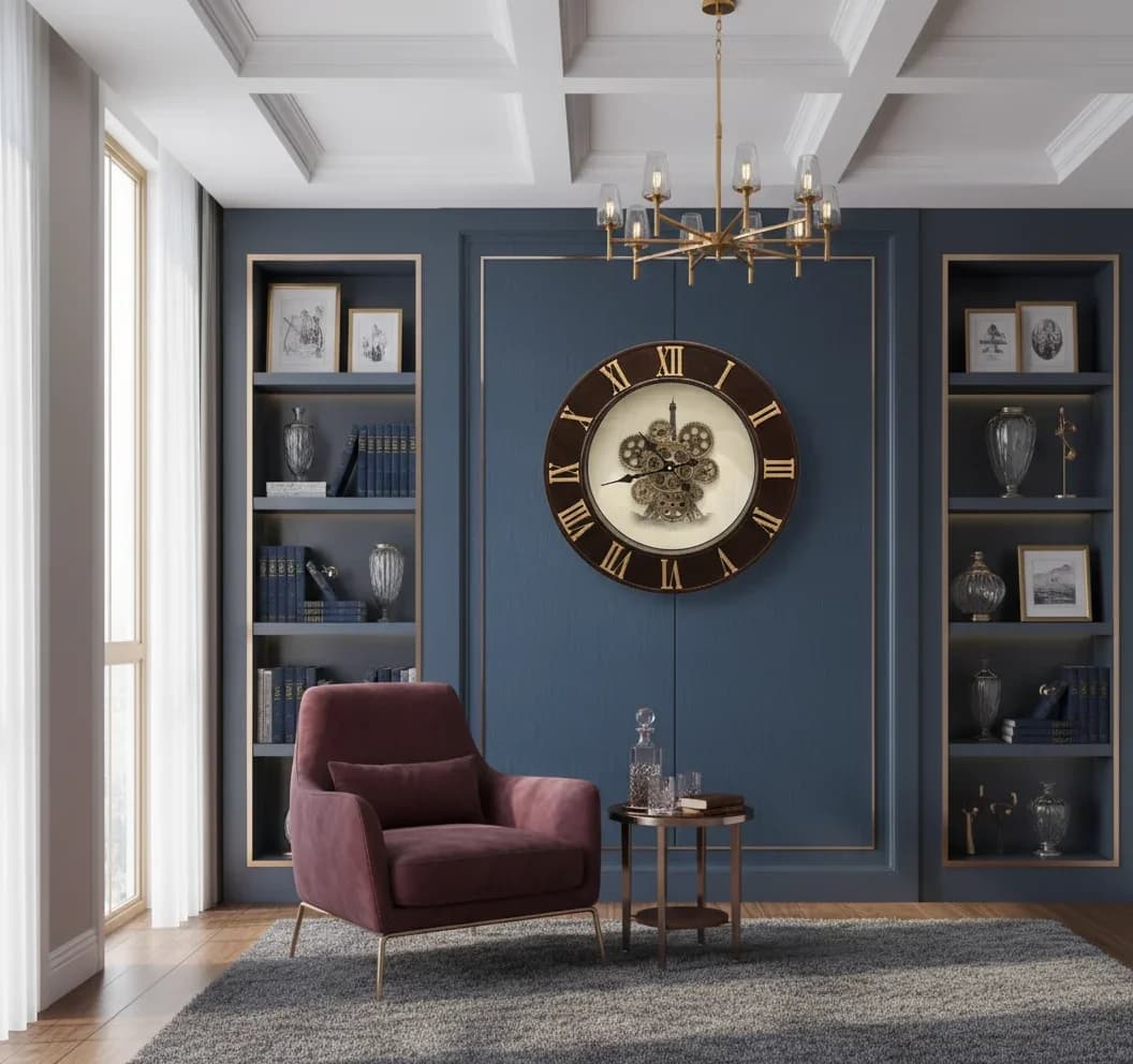 Industrial Chic Wall Clock Exposed Gears & Eiffel Tower styled in a room setting 2