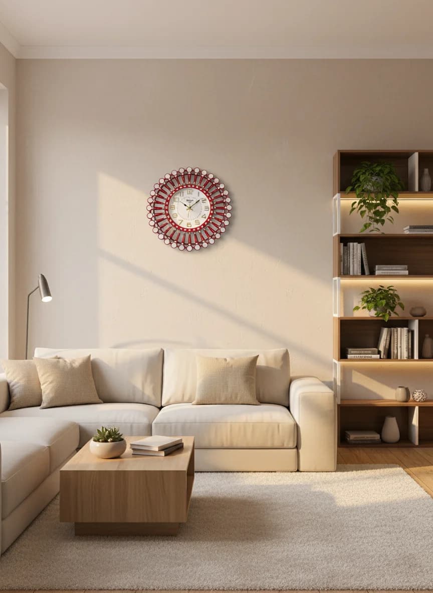 Gold Mirror Wall Clock styled in a room setting 1