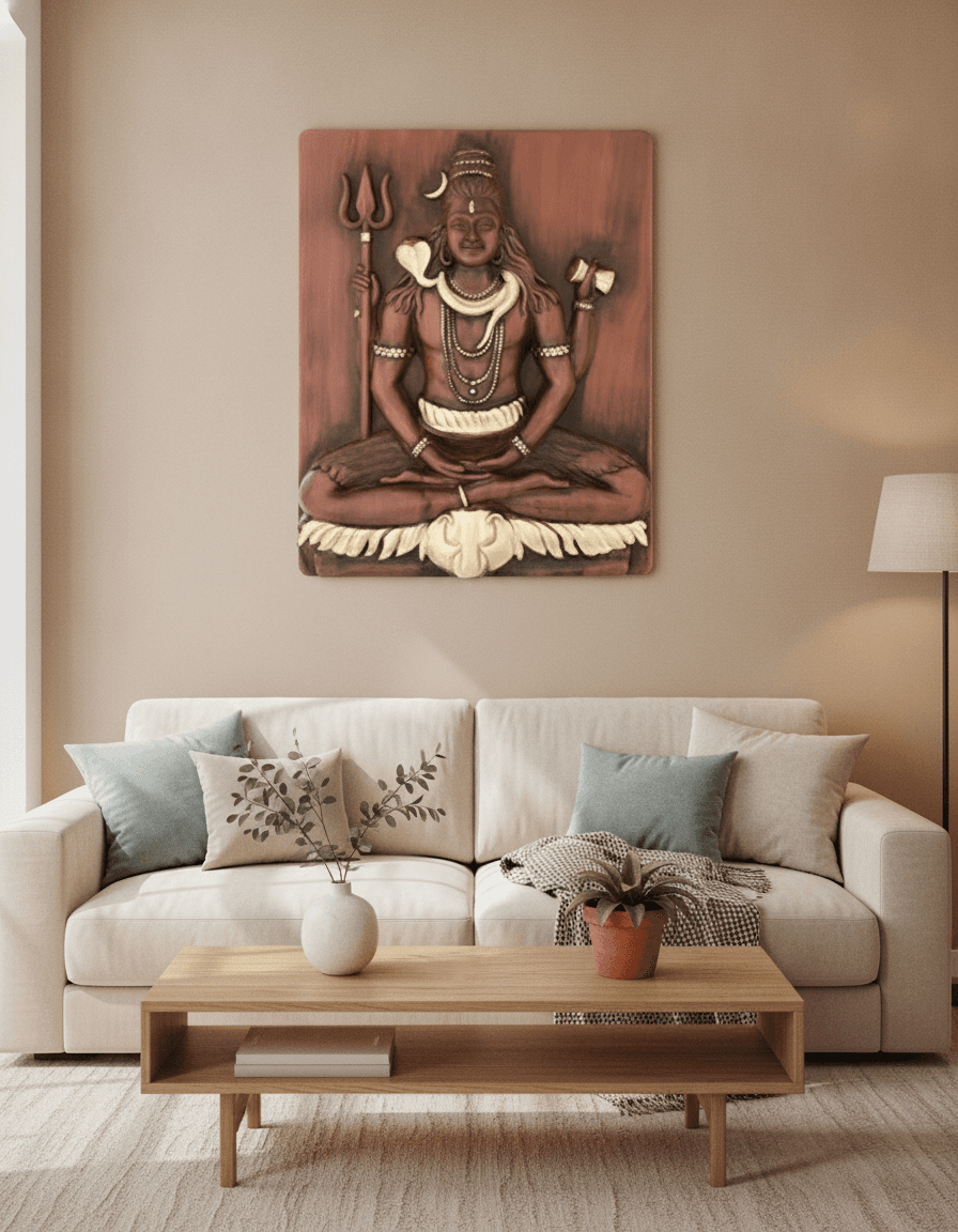 Shiv Ji Bronze Relief Wall Art styled in a room setting 1