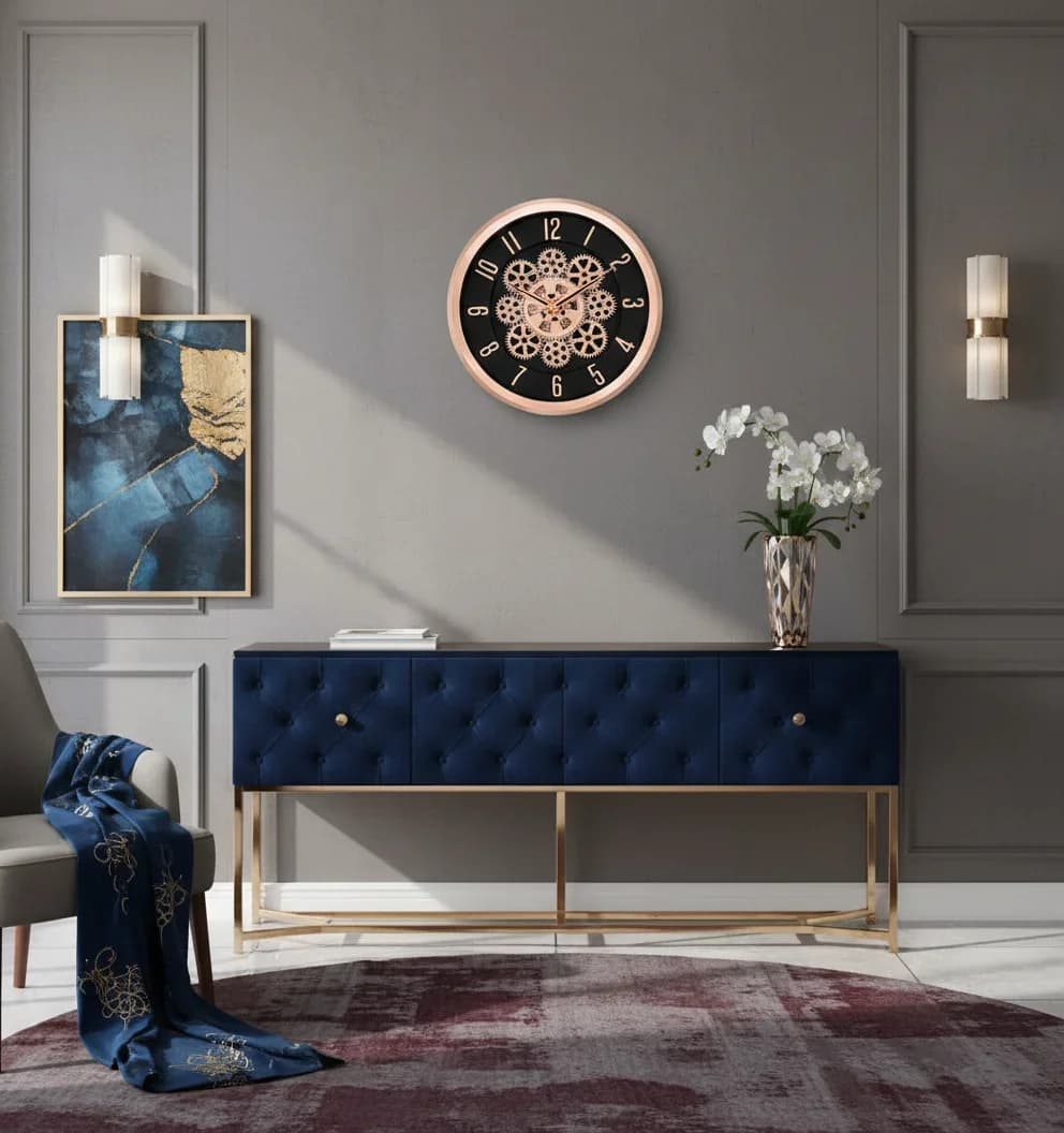 Industrial Chic Rose Gold Gear Wall Clock By Capital styled in a room setting 2