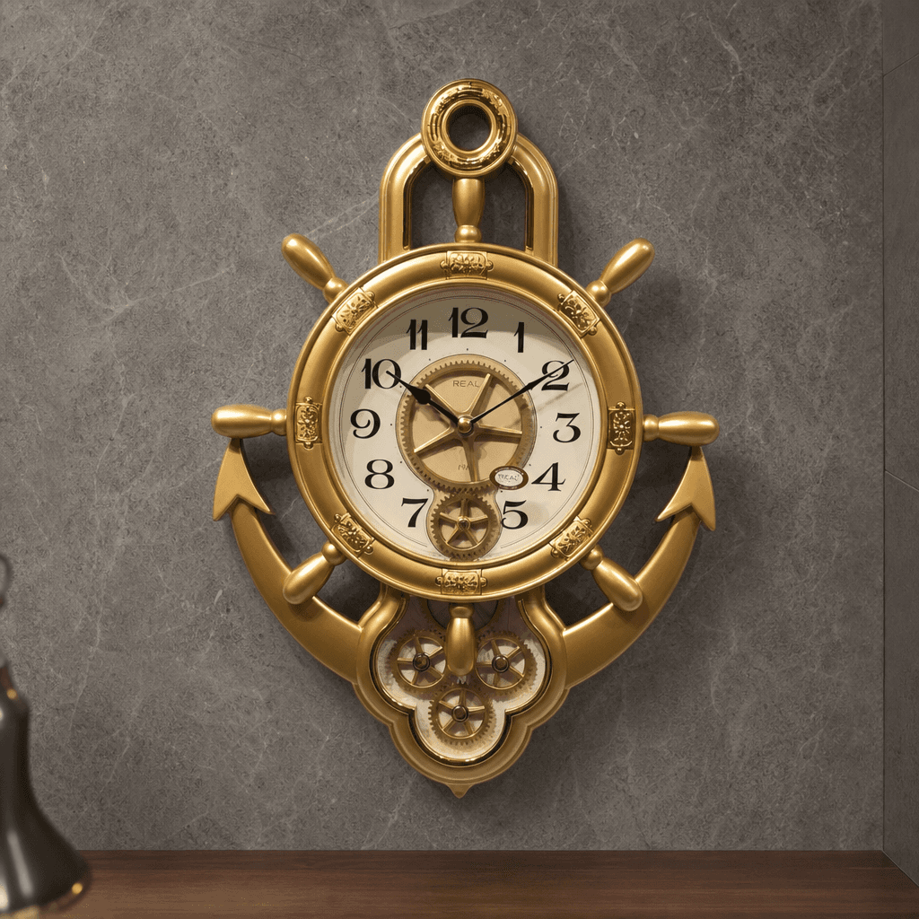 Real RG07-Golden Nautical Ship Wheel and Anchor Wall Clock dimensions
