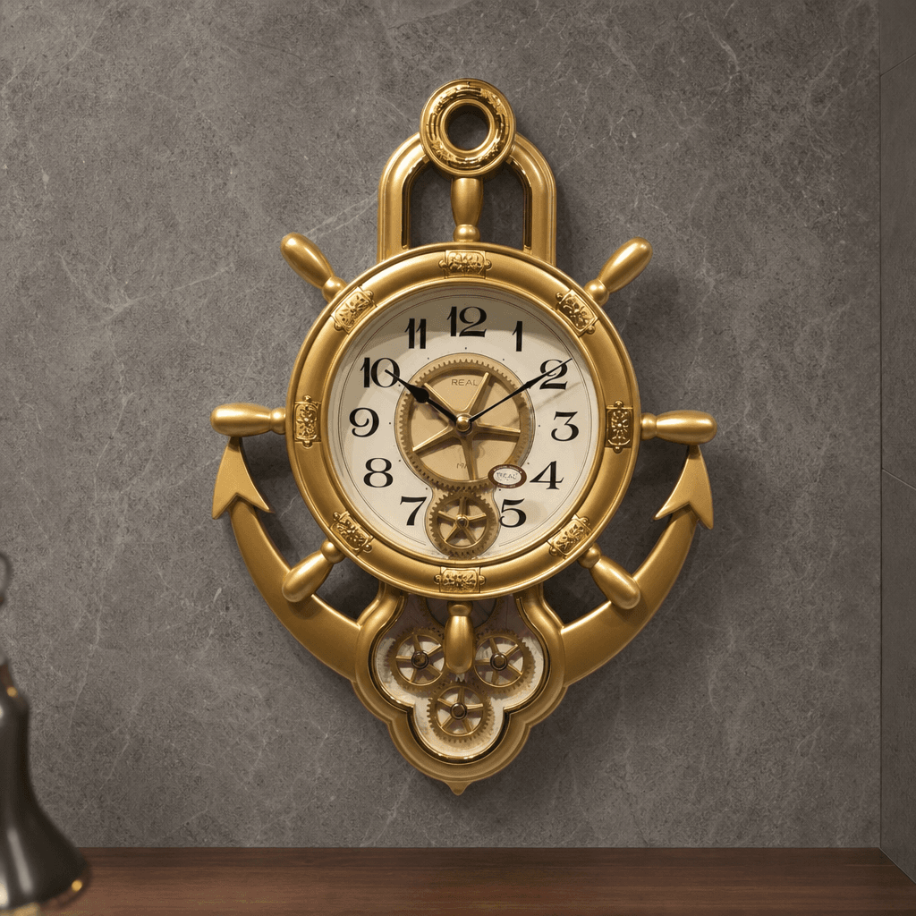 Real RG07 Nautical Ship's Wheel Wall Clock with Anchor Base, Very Dark Cherry Wood Finish - Premium Wall Clock 24 inch