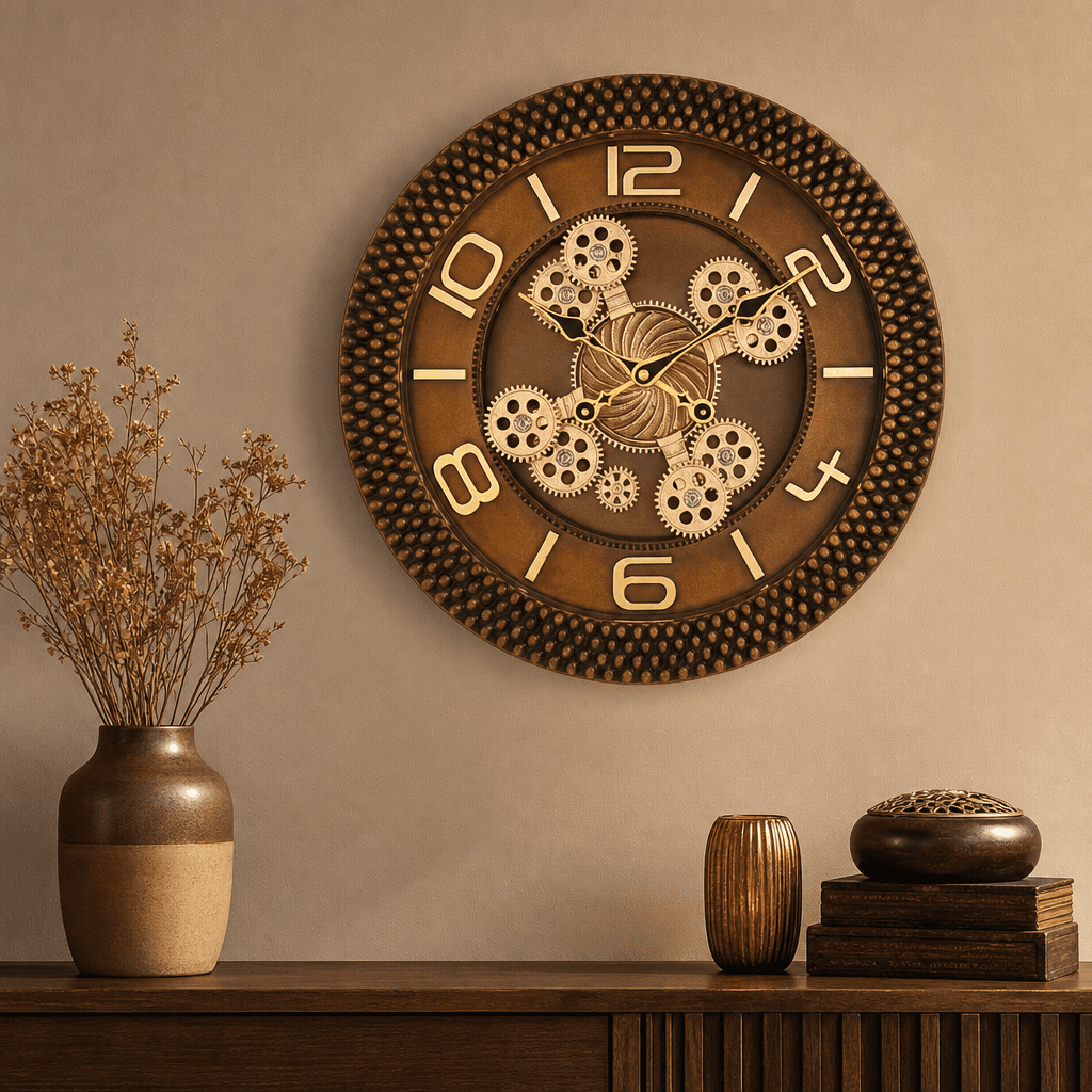 Decorative Gear Wall Clock styled in a room setting 3
